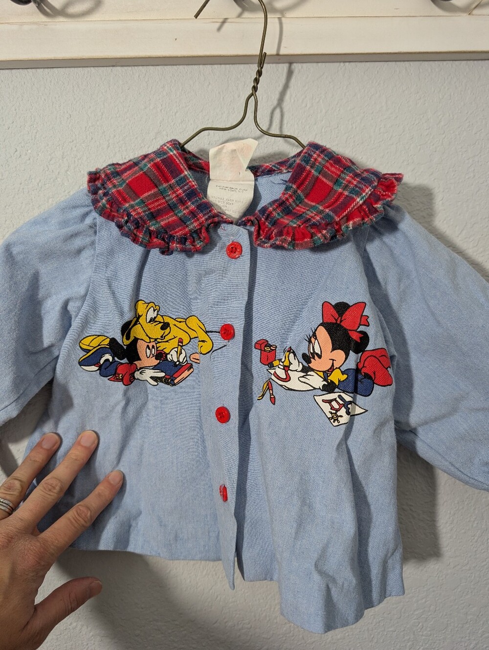 Vintage Mickey's Stuff Minnie and Mickey Art Plaid Collar Shirt Sz 12 mon